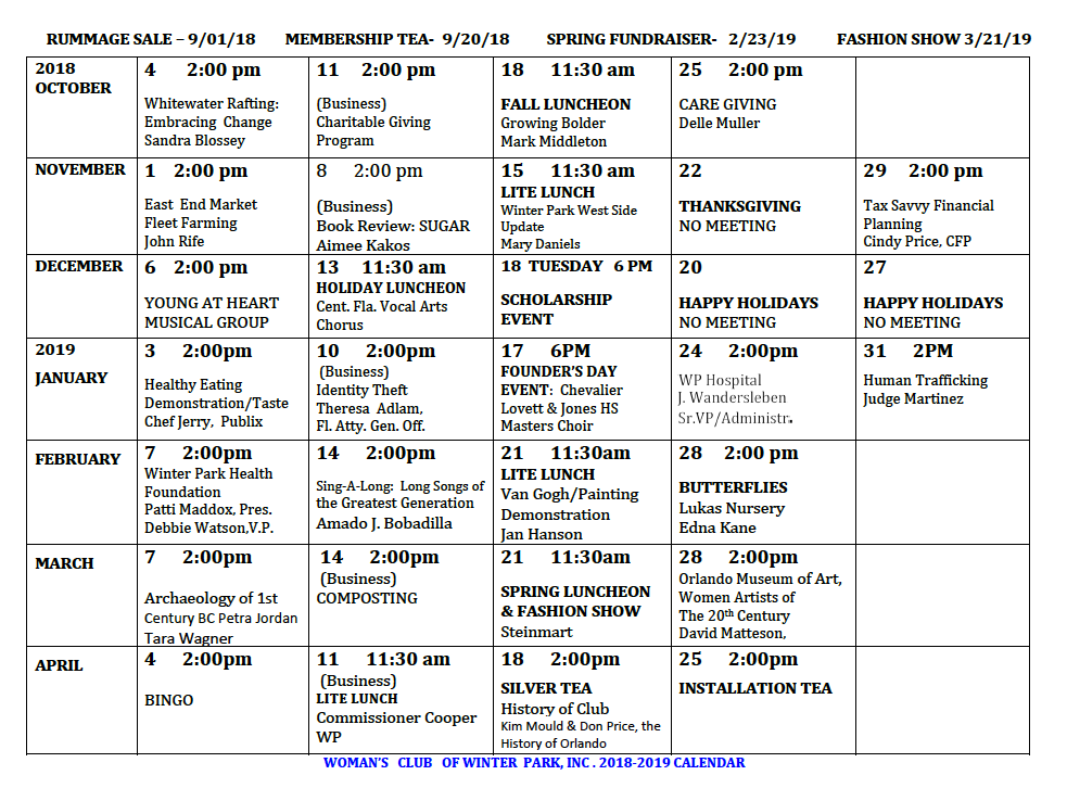 Wcwp Club Calendar 2018-2019 Final Final Pdf 